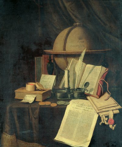 Omnia Vanitas: un globe terrestre, une caviole, des pièces de monnaie et une copie de la London Gazette du 13 juillet 1691 - Edwaert Colyer or Collier